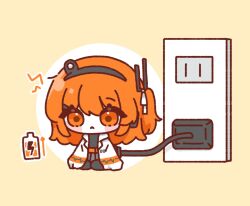 Rule 34 | 1girl, :&lt;, a.i. voice, adachi rei, battery indicator, belt, black shirt, cable, charging device, chibi, chibi only, closed mouth, electric plug, electrical outlet, grey skirt, hair ribbon, headlamp, highres, jacket, long hair, long sleeves, looking at viewer, mei (meiday mise), mini person, minigirl, one side up, open clothes, open jacket, orange belt, orange eyes, orange hair, pleated skirt, radio antenna, ribbon, shirt, sitting, skirt, solo, utau, white jacket, white ribbon