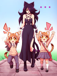 Rule 34 | ..., 1boy, 2girls, :3, :d, animal ears, arms up, artist name, backpack, bag, bandaid, bandaid on knee, bandaid on leg, bare shoulders, black dress, black eyes, black gloves, boots, brother and sister, cat ears, cat tail, child, collar, commentary request, dress, elbow gloves, fingerless gloves, flower, gloves, hair over one eye, highres, holding hands, knee boots, long hair, mazume, multiple girls, open mouth, orange hair, original, outdoors, pants, pentagram, pleated skirt, pointing, pointing at viewer, purple hair, school uniform, short hair, siblings, side slit, single elbow glove, single fingerless glove, single glove, skirt, smile, tail, tail flower, tail ornament, thigh strap, waving, yellow eyes