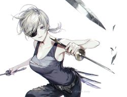 Rule 34 | 1girl, bare arms, belt, breasts, chainsaw man, collarbone, dual wielding, eyepatch, holding, koshika rina, medium breasts, ponytail, purple eyes, quanxi (chainsaw man), shirt, short hair, short ponytail, silver hair, simple background, solo, sword, tank top, torn clothes, torn legwear, torn shirt, weapon, white background