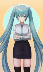 Rule 34 | 1girl, black skirt, black thighhighs, blue background, blue eyes, blue hair, bow, crossed arms, grey shirt, hair bow, hatsune miku, long hair, long sleeves, moth1, multicolored background, necktie, shirt, skirt, solo, thighhighs, twintails, vocaloid, white background, yellow background
