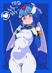 1girl absurdres android blue_background blue_eyes blue_helmet blush bodysuit breasts buzzlyears clothes_lift covered_navel cowboy_shot fairy_leviathan_(mega_man) forehead_jewel heartbeat helmet highres mega_man_(series) mega_man_zero_(series) shirt_lift simple_background small_breasts solo sweat white_bodysuit