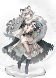 Rule 34 | 1girl, absurdres, animal ears, arknights, bell, belt, between legs, black cape, black footwear, boots, braid, breasts, cape, circlet, dress, fringe trim, full body, fur-trimmed boots, fur trim, grey eyes, grey hair, grey thighhighs, highres, holding, holding bell, knee boots, large breasts, leopard ears, leopard girl, leopard tail, long hair, looking at viewer, mouth hold, pelvic curtain, pramanix (arknights), short sleeves, side braid, simple background, skindentation, snowing, standing, tail, tail between legs, thighhighs, very long hair, white background, white dress