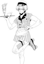 Rule 34 | 1boy, androgynous, apron, bad id, bad twitter id, closed mouth, collared dress, crossdressing, cup, dress, frilled apron, frills, greyscale, hand on own hip, hand up, holding, holding tray, inactive account, king of prism, kisaragi louis, looking at viewer, male focus, monochrome, name tag, parfait, pretty rhythm, pretty series, roller skates, short hair, skates, smile, solo, standing, standing on one leg, striped clothes, striped dress, tray, vertical-striped clothes, vertical-striped dress, visor cap, waist apron, waitress, white background, zashima
