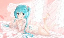 Rule 34 | 1girl, aqua eyes, aqua hair, ass, barefoot, blush, curtains, feet, hatsune miku, heart, heart hands, highres, long hair, looking at viewer, lying, mikoo o39, on stomach, open mouth, petals, soles, solo, toes, twintails, vocaloid