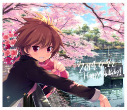 Rule 34 | 1girl, against railing, black jacket, blue sky, bouquet, brown hair, cherry blossoms, commentary, dappled sunlight, dated, day, eguchi sera, english text, flower, flower request, from side, gakuran, grin, happy birthday, holding, holding bouquet, jacket, leaning forward, long sleeves, looking at viewer, odawara hakone, open mouth, outdoors, over shoulder, railing, red eyes, saki, saki (manga), saki achiga-hen, school uniform, short hair, sky, smile, solo, standing, sunlight, tree