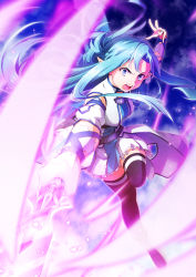 Rule 34 | 1girl, absurdres, action, asuna (sao), asuna (sao-alo), blue dress, blue eyes, blue hair, blue thighhighs, braid, detached sleeves, dress, floating hair, french braid, highres, holding, holding sword, holding weapon, long hair, looking at viewer, oboro neko, open mouth, pointy ears, shouting, slashing, sleeveless, sleeveless dress, solo, sword, sword art online, thighhighs, two-tone dress, weapon, white dress, white sleeves