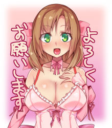 Rule 34 | 1girl, :d, bare shoulders, blush, bow, breasts, brll, brown hair, cleavage, cowboy shot, detached collar, detached sleeves, green eyes, hair bow, hand on own chest, large breasts, looking at viewer, medium hair, nose blush, open mouth, smile, solo