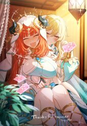 Rule 34 | +++, 2girls, blonde hair, blue gemstone, blush, bracer, breasts, brooch, circlet, clenched teeth, closed eyes, commission, fake horns, feather hair ornament, feathers, gem, genshin impact, gladiator sandals, gold footwear, gold trim, hair between eyes, hair ornament, half-closed eyes, harem outfit, heart, highres, horns, indoors, jewelry, large breasts, laughing, long sleeves, lumine (genshin impact), multiple girls, neck ring, nilou (genshin impact), nose blush, open mouth, puffy long sleeves, puffy sleeves, red hair, sandals, scarf, short hair with long locks, sidelocks, spoken heart, syandega, tears, teeth, thighlet, tickling, tickling stomach, trembling, veil, white headdress, white scarf, white veil, yellow eyes