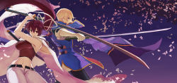 Rule 34 | 1boy, 1girl, absurdres, aqua eyes, belt, belt buckle, blazblue, blazblue: cross tag battle, blonde hair, bodysuit, breasts, buckle, cape, capelet, cherry blossoms, crossover, gloves, highres, japanese clothes, katana, kimono, kisaragi jin, large breasts, long coat, long hair, midriff, military, military uniform, petals, ponytail, red eyes, red hair, ribbon, slit pupils, sword, trait connection, under night in-birth, uniform, very long hair, weapon, yuzuriha (under night in-birth)