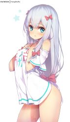 Rule 34 | 1girl, bare shoulders, blue eyes, bow, breasts, clothes writing, commentary request, eromanga sensei, hair between eyes, hair bow, hands up, hong (white spider), izumi sagiri, long hair, off-shoulder shirt, off shoulder, patreon username, pink bow, shirt, short sleeves, sidelocks, signature, silver hair, simple background, small breasts, solo, star (symbol), translation request, very long hair, white background, white shirt, wide sleeves