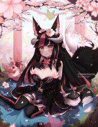 Rule 34 | 1girl, absurdres, animal ear fluff, animal ears, architecture, artist name, asaki amber, bare shoulders, bento, black dress, black gloves, black hair, black thighhighs, blurry, bow, branch, breasts, brooch, cherry blossoms, cleavage, closed mouth, commentary, commission, corset, cross-laced clothes, curled horns, demon girl, demon horns, dress, ear piercing, east asian architecture, elbow gloves, english commentary, facial mark, feet out of frame, flower, fox, fox ears, fox girl, fox tail, full body, gloves, green eyes, hair flower, hair ornament, highres, horns, indie virtual youtuber, jewelry, koriinart, large breasts, legs folded, mountain, multicolored hair, outdoors, parted bangs, petals, piercing, pink bow, pink hair, shadow, sitting, smile, solo focus, streaked hair, tail, tail raised, thighhighs, two-tone hair, virtual youtuber, wariza, whisker markings
