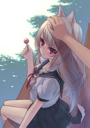 Rule 34 | 1girl, absurdres, animal ears, azur lane, bench, blush, braid, candy, chi yei, commentary request, food, from above, highres, holding, lollipop, long hair, looking at viewer, looking up, park bench, headpat, pleated skirt, pov, red eyes, school uniform, serafuku, shade, silver hair, single braid, sitting, skirt, tail, wolf ears, wolf tail, yuudachi (azur lane)