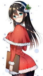 Rule 34 | 10s, 1girl, alternate costume, ass, black pantyhose, blue eyes, blush, brown hair, capelet, christmas, clipboard, glasses, hair ornament, hairband, highres, holly hair ornament, kantai collection, long hair, looking back, nan (jyomyon), ooyodo (kancolle), pantyhose, smile, solo, white background