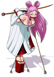 Rule 34 | 1girl, bdsm, bent over, blush, bondage, bound, breasts, cleavage, cleave gag, cloth gag, collar, fairy tail, female focus, gag, gagged, green eyes, highres, ikaruga (fairy tail), improvised gag, large breasts, leaning forward, long hair, pink hair, platform footwear, rope, shoes, sketch lanza, solo, standing, sword, weapon, white background