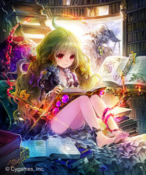 Rule 34 | 10s, 1girl, ahoge, anklet, barefoot, blonde hair, book, book stack, chain, closed mouth, dress, frilled dress, frills, hakou (barasensou), jewelry, ladder, library, long hair, lying, magic, official art, on stomach, open book, reading, red eyes, shingeki no bahamut, sitting, smile, solo, very long hair
