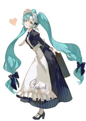 1girl :3 alternate_costume apron aqua_eyes aqua_hair back_bow black_bow black_shoes blue_bow blue_bowtie bow bowtie breasts briefcase closed_mouth clothes_writing collared_dress commentary_request dress frilled_apron frills from_side full_body hatsune_miku heart high_heels highres holding holding_briefcase juliet_sleeves leaning_forward long_dress long_hair long_sleeves looking_at_viewer low-tied_long_hair maid maid_apron merry_tommy miku_day puffy_sleeves shoes simple_background sleeve_cuffs solo standing striped_clothes striped_dress twintails vertical-striped_clothes vertical-striped_dress very_long_hair vocaloid white_apron white_background white_bow white_headdress