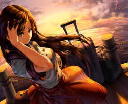 Rule 34 | 10s, 1girl, 2015, breasts, brown eyes, brown hair, buttons, chain, closed mouth, cloud, dated, dress shirt, dutch angle, from above, hand in own hair, hand on own head, long hair, looking at viewer, ocean, original, outdoors, red skirt, ribbon, rolling suitcase, rukousou no hana, shade, shirt, short sleeves, signature, skirt, sky, solo, suitcase, sunset, swept bangs, water