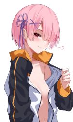 Rule 34 | 1girl, puff of air, blush, borrowed clothes, breasts, closed mouth, collarbone, commentary request, hair ornament, hair over one eye, hand up, highres, jacket, kiona (giraffe kiona), long sleeves, looking at viewer, navel, one eye covered, open clothes, open jacket, pink hair, ram (re:zero), re:zero kara hajimeru isekai seikatsu, red eyes, ribbon, short hair, simple background, small breasts, smile, smirk, solo, track jacket, undressing, upper body, white background, white jacket, x hair ornament