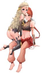 Rule 34 | 2girls, absurdres, ahoge, ass, bare shoulders, barefoot, blonde hair, bodystocking, bracelet, braid, braided ponytail, breasts, commission, commissioner upload, croenji, fire emblem, fire emblem: the sacred stones, fire emblem fates, grey eyes, highres, jewelry, long hair, looking at viewer, medium breasts, multiple girls, nintendo, ophelia (fire emblem), red eyes, red hair, tethys (fire emblem), thighhighs