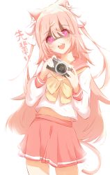 Rule 34 | 1girl, absurdres, animal ear fluff, animal ears, blush, camera, cat ears, commentary, cowboy shot, crossed bangs, glowing, glowing eyes, hair between eyes, hands up, highres, holding, holding camera, jerry3912, long hair, long sleeves, looking at viewer, midriff, neckerchief, open mouth, original, pink eyes, pink hair, pink sailor collar, pink skirt, pleated skirt, puffy sleeves, sailor collar, school uniform, shirt, sidelocks, skirt, smile, solo, standing, tail, teeth, translated, upper teeth only, white background, white shirt, yandere, yellow neckerchief