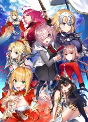 Rule 34 | 6+girls, :d, ahoge, armor, artoria pendragon (fate), artoria pendragon (lancer) (fate), between breasts, black-framed eyewear, black dress, black pantyhose, black thighhighs, blazer, blonde hair, blue eyes, blush, braid, breasts, chain, cleavage, cloak, closed mouth, commentary request, crown, dress, fate/grand order, fate (series), florence nightingale (fate), francis drake (fate), fur trim, gauntlets, glasses, gloves, green eyes, grin, gun, hair intakes, hair ornament, hair over one eye, hair scrunchie, hand in own hair, hand on own chest, headpiece, holding, holding gun, holding weapon, hood, hoodie, ishtar (fate), jacket, jeanne d&#039;arc (fate), jeanne d&#039;arc (ruler) (fate), juliet sleeves, large breasts, long hair, long sleeves, mash kyrielight, medium breasts, military, military uniform, mordred (fate), mordred (fate/apocrypha), multiple girls, nero claudius (fate), nero claudius (fate) (all), nero claudius (fate/extra), open clothes, open hoodie, open jacket, open mouth, outstretched hand, pantyhose, parted bangs, parted lips, pink hair, ponytail, puffy sleeves, purple eyes, purple hair, red dress, scrunchie, semi-rimless eyewear, shirako miso, short dress, sidelocks, silver hair, single thighhigh, sitting, smile, standard bearer, standing, strap between breasts, teeth, thighhighs, tohsaka rin, tsurime, under-rim eyewear, uniform, weapon, white gloves