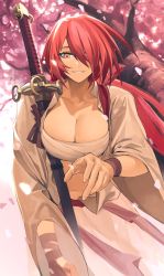 Rule 34 | 1girl, bandaged arm, bandages, breasts, brown shirt, character request, cherry blossoms, chest sarashi, cleavage, hair over one eye, highres, katana, knifedragon, long hair, long sleeves, looking at viewer, medium breasts, navel, open clothes, open shirt, orange eyes, reaching, reaching towards viewer, red hair, sarashi, sheath, sheathed, shirt, shirt tucked in, smile, solo, sword, tree, weapon, wristband