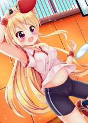 Rule 34 | 1girl, :d, arm up, ball, bike shorts, black legwear, blonde hair, blue sky, blush, breasts, collarbone, collared shirt, commentary request, day, flying sweatdrops, groin, hair bun, hair ornament, hairclip, highres, indoors, kin-iro mosaic, kujou karen, long hair, looking at viewer, midriff peek, minato ojitan, navel, open mouth, paddle, pink shirt, polo shirt, purple eyes, red footwear, shirt, shoes, short sleeves, side bun, sidelocks, single hair bun, single side bun, sky, small breasts, smile, sneakers, solo, standing, standing on one leg, sweatband, table tennis ball, table tennis paddle, window, wing collar, x hair ornament