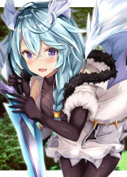 Rule 34 | 1girl, ahoge, blue hair, blush, breasts, crystal, crystal sword, dragon girl, dragon tail, gloves, highres, ice, long hair, looking at viewer, open mouth, princess connect!, purple eyes, rumiko (rmeco), sheffy (princess connect!), skirt, smile, solo, sword, tail, weapon