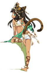 Rule 34 | 1girl, akr et, animal ears, ankle lace-up, anklet, barefoot, bastet (p&amp;d), black hair, cat ears, cat tail, cross-laced footwear, crown, dark-skinned female, dark skin, earrings, egyptian, fang, full body, green eyes, jewelry, long hair, looking at viewer, looking back, lots of jewelry, midriff, open mouth, puzzle &amp; dragons, simple background, solo, tail, white background