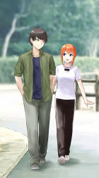 Rule 34 | 1boy, 1girl, :d, absurdres, black hair, black pants, blue eyes, blue shirt, blurry, blurry background, casual, closed mouth, commentary request, full body, go-toubun no hanayome, green footwear, green jacket, green pants, hands in pocket, highres, holding another&#039;s arm, ishiyuki, jacket, looking at another, medium hair, nakano yotsuba, open clothes, open jacket, open mouth, orange hair, outdoors, pants, shirt, shoes, short hair, short sleeves, smile, uesugi fuutarou, walking, white footwear, white shirt