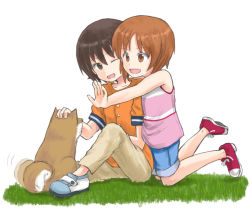 Rule 34 | 10s, 2girls, :d, ;d, afterimage, aged down, blue shorts, brown eyes, brown hair, brown pants, commentary request, dog, girls und panzer, grass, headpat, kneeling, looking at another, looking back, motion lines, multiple girls, mutsu (layergreen), nishizumi maho, nishizumi miho, one eye closed, open mouth, orange shirt, pants, pink shirt, purple footwear, shiba inu, shirt, shoes, short hair, short sleeves, shorts, siblings, sisters, sitting, smile, tank top, white background, white footwear