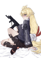 Rule 34 | 1girl, arm support, bandaid, bed sheet, black skirt, blonde hair, blue eyes, blush, breasts, closed mouth, from side, full body, girls&#039; frontline, gun, hair ornament, hairclip, highres, holding, holding gun, holding weapon, jacket, long hair, long sleeves, low-tied long hair, pp-19-01 (girls&#039; frontline), pp-19-01 vityaz, simple background, sitting, skirt, socks, solo, submachine gun, torn clothes, torn skirt, trigger discipline, very long hair, weapon, white background, zakirsiz