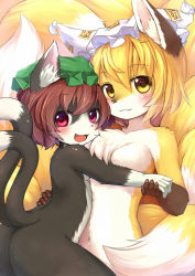 Rule 34 | 2girls, :3, animal ears, ass, back, blonde hair, blush, brown hair, cat, cat ears, cat tail, chen, fang, fingernails, fox, fox ears, fox tail, furrification, furry, furry female, hat, holding hands, kagerofu, looking at viewer, multiple girls, multiple tails, no nipples, nude, open mouth, pink eyes, short hair, smile, tail, touhou, whiskers, yakumo ran, yellow eyes