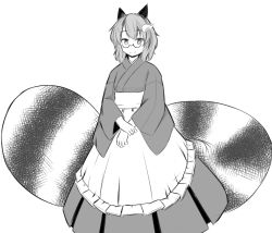 Rule 34 | 1girl, animal ears, cosplay, futatsuiwa mamizou, ganmaganmo, glasses, greyscale, japanese clothes, kimono, leaf, leaf on head, looking at viewer, monochrome, motoori kosuzu, motoori kosuzu (cosplay), raccoon ears, raccoon tail, short hair, simple background, slit pupils, smile, solo, tail, touhou