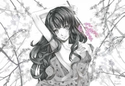 Rule 34 | 1girl, amayofuu, armpits, bare shoulders, branch, cherry blossoms, long hair, looking at viewer, monochrome, open mouth, original, smile, solo, spot color, undressing, wavy hair