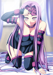 Rule 34 | 00s, 1girl, bare shoulders, breasts, cleavage, collar, dress, elbow gloves, fate/stay night, fate (series), gloves, kuronezumi, large breasts, long hair, looking at viewer, medusa (fate), medusa (rider) (fate), pink eyes, pink hair, solo, square pupils, strapless, strapless dress, thighhighs, very long hair, zettai ryouiki