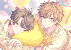 Rule 34 | 2boys, arm support, balloon, blue shirt, blush, brothers, brown hair, brown jacket, closed mouth, commentary request, heart, heart-shaped pillow, heart balloon, hugging object, jacket, kisaki chihiro, kisaki hotaru, long sleeves, looking at viewer, lying, multiple boys, on air!, on stomach, pillow, pillow hug, sekina, shirt, siblings, smile, twins, upper body, yellow eyes, yellow shirt