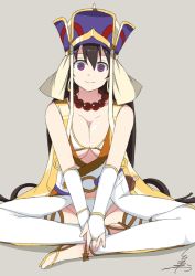 Rule 34 | 1girl, absurdres, beads, bikini, black hair, breasts, cleavage, earrings, fate/grand order, fate (series), grey background, groin, hair between eyes, hat, highres, hyoutan, indian style, jewelry, large breasts, long hair, looking at viewer, necklace, prayer beads, purple eyes, signature, simple background, sitting, smile, solo, swimsuit, thighhighs, tsukigi, very long hair, white bikini, white thighhighs, xuangzang sanzang (fate)