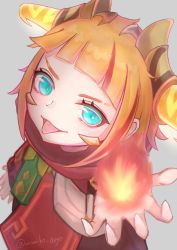 Rule 34 | 1girl, annie (league of legends), aqua eyes, blunt bangs, blush, fire, fire, grey background, highres, league of legends, lunar beast annie, momikodayo, multicolored hair, open hand, open mouth, orange hair, red hair, short hair, signature, simple background, solo, streaked hair, tongue, tongue out, twitter username