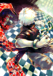 Rule 34 | 2boys, absurdres, barefoot, black shirt, chain, checkered floor, commentary request, from side, grey pants, highres, indoors, kagune (tokyo ghoul), kaneki ken, kyuuba melo, looking to the side, looking up, multiple boys, muscular, muscular male, omori yakumo, open mouth, pants, shiny clothes, shirt, short hair, teeth, tokyo ghoul, torn clothes, torn shirt