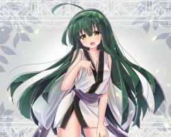 Rule 34 | 1girl, :d, ahoge, bare arms, bare shoulders, blush, breasts, brown eyes, cleavage, collarbone, commentary request, green hair, green hairband, hair between eyes, hairband, hand on leg, hand on own thigh, head tilt, japanese clothes, kimono, long hair, looking at viewer, obi, open mouth, ryogo, sash, sleeveless, sleeveless kimono, small breasts, smile, solo, touhoku zunko, very long hair, voiceroid, white kimono