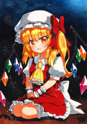 Rule 34 | 1girl, ascot, back bow, bad id, bad pixiv id, blonde hair, bow, collared shirt, crystal, dark background, fang, flandre scarlet, frilled ascot, frilled skirt, frills, full body, hair between eyes, hair bow, hat, kneehighs, long hair, looking at viewer, mob cap, no shoes, on floor, open mouth, orange eyes, puffy short sleeves, puffy sleeves, qqqrinkappp, rainbow order, red bow, red skirt, red vest, seiza, shirt, short sleeves, side ponytail, sitting, skin fang, skirt, skirt set, socks, solo, touhou, traditional media, vest, white bow, white hat, white shirt, white socks, wings, wrist cuffs, yellow ascot