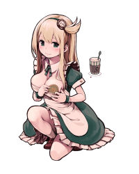 Rule 34 | 1girl, ankle socks, blonde hair, blush, bow, breasts, cleavage, coaster, coffee, coffee cup, copyright request, cup, disposable cup, dress, green dress, green eyes, hair ornament, hand on own chest, heart, heart-shaped pupils, holding, large breasts, len (a-7), long hair, looking at viewer, maid, on one knee, outline, sabori, saboten store, shoes, simple background, smile, socks, solo, stirrer, symbol-shaped pupils, thighs, white background, wrist cuffs