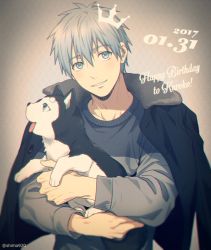 Rule 34 | 1boy, animal, black jacket, blue eyes, blue hair, blurry, blush, cardigan, casual, commentary request, crown, dated, depth of field, dog, english text, green cardigan, green eyes, grey background, happy birthday, holding, holding animal, holding dog, jacket, kuroko no basuke, kuroko tetsuya, long sleeves, looking at viewer, male focus, mashima shima, open clothes, open jacket, parted lips, puppy, short hair, smile, tetsuya ni gou, tongue, tongue out, twitter username, upper body