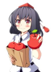 Rule 34 | 1girl, apple, bad id, bad pixiv id, bag, black hair, blush, food, fruit, hat, looking at viewer, necktie, oimo (imoyoukan), oimonocake, paper bag, red eyes, shameimaru aya, short hair, simple background, skirt, smile, solo, tokin hat, touhou, white background