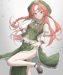 Rule 34 | 1girl, absurdres, black footwear, blush, braid, breasts, chinese clothes, clenched hand, closed mouth, collared shirt, commentary, fingernails, foot out of frame, green eyes, green hat, green skirt, green vest, hat, hat ornament, highres, hong meiling, long hair, looking at viewer, red hair, shirt, shoes, short sleeves, skirt, small breasts, smile, solo, star (symbol), star hat ornament, touhou, tqg 07, twin braids, vest, white shirt