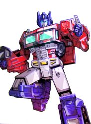 Rule 34 | autobot, blue eyes, clenched hand, glowing, glowing eyes, gun, highres, holding, holding gun, holding weapon, looking at viewer, mecha, nasutetsu, no humans, optimus prime, robot, science fiction, solo, transformers, weapon, white background