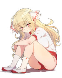 Rule 34 | 1girl, blonde hair, blush, breasts, commission, gym shorts, gym uniform, hugging own legs, large breasts, long hair, looking at viewer, open mouth, pixiv commission, red eyes, shoes, shorts, simple background, sitting, socks, solo, stroma, white background, white socks
