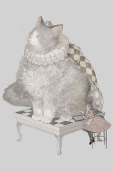 Rule 34 | 1girl, animal, apron, black footwear, blue eyes, blunt bangs, brown hair, cape, cat, chair, checkered cape, chess piece, chessboard, collar, commentary, crown, dress, elbow rest, frilled collar, frilled dress, frills, grey background, head rest, highres, holding chess piece, long hair, mini crown, nekosuke (oxo), original, oversized animal, pantyhose, pink dress, shoes, simple background, sitting, symbol-only commentary, table, wavy hair, white apron