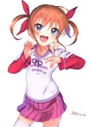 Rule 34 | 1girl, :d, animal, animal on shoulder, blue eyes, blush, bow, character name, child, contrapposto, cowboy shot, flat chest, hair between eyes, hair bow, hamster, hands up, holding, jewelry, layered sleeves, long sleeves, looking at viewer, lyrical nanoha, mahou shoujo lyrical nanoha, mahou shoujo lyrical nanoha a&#039;s, miniskirt, necklace, open mouth, orange hair, p answer, pendant, pink skirt, pleated skirt, print shirt, purple ribbon, red sleeves, ribbon, shirt, short hair, sidelocks, simple background, skirt, smile, solo, takamachi nanoha, teeth, thighhighs, tongue, twintails, upper teeth only, white background, white shirt, white thighhighs